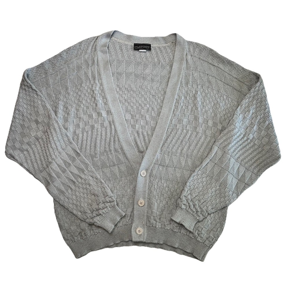 Vintage Playboy Cardigan Sweater USA Gray Textured Knit Button XL